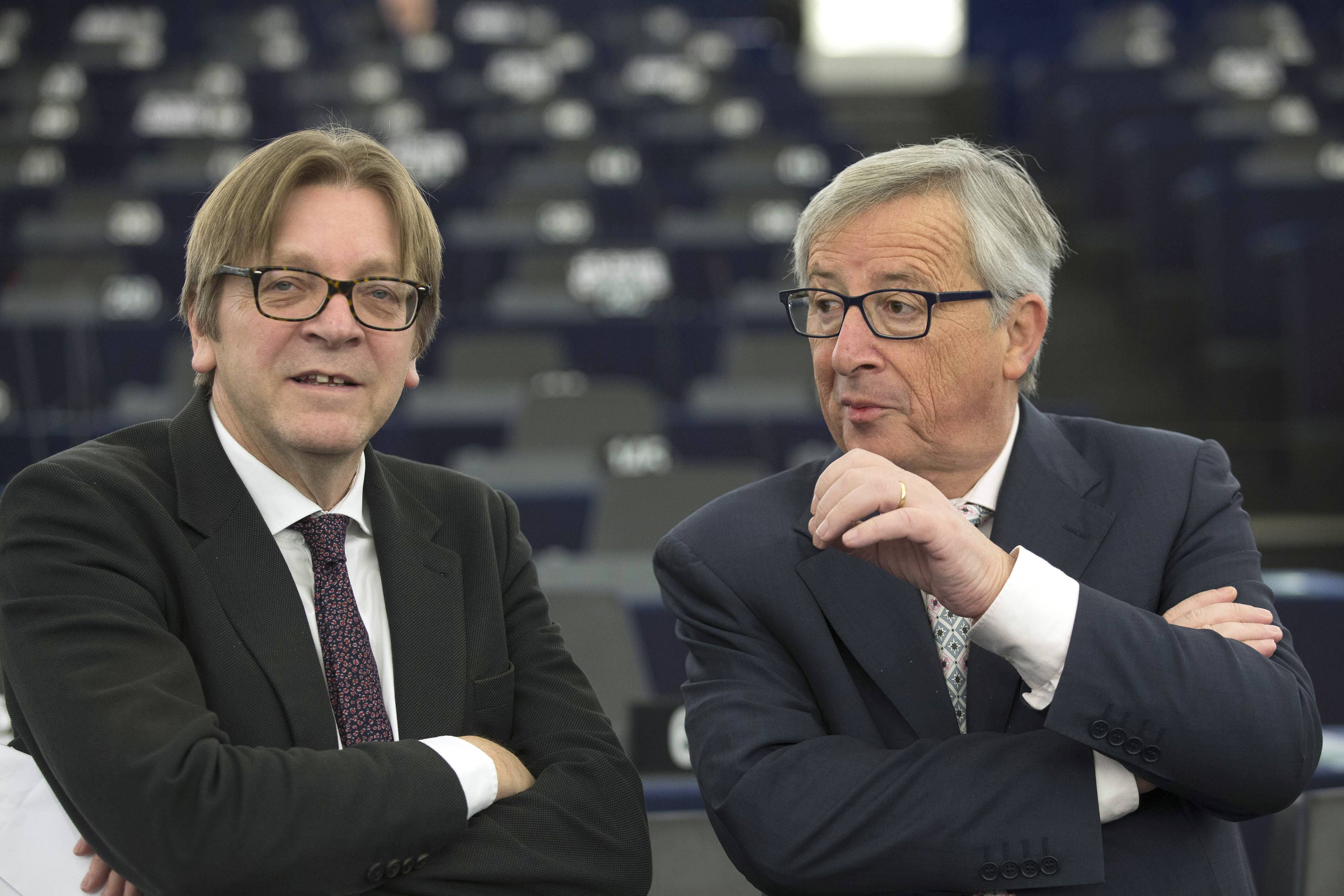 Guy Verhofstadt, Member of the EP, on the left, and Jean-Claude Juncker